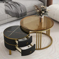 Table basse ronde empilable avec 2 tiroirs, tables gigognes avec plateau en verre trempé marron et plateau en marbre brillant, lot de 2