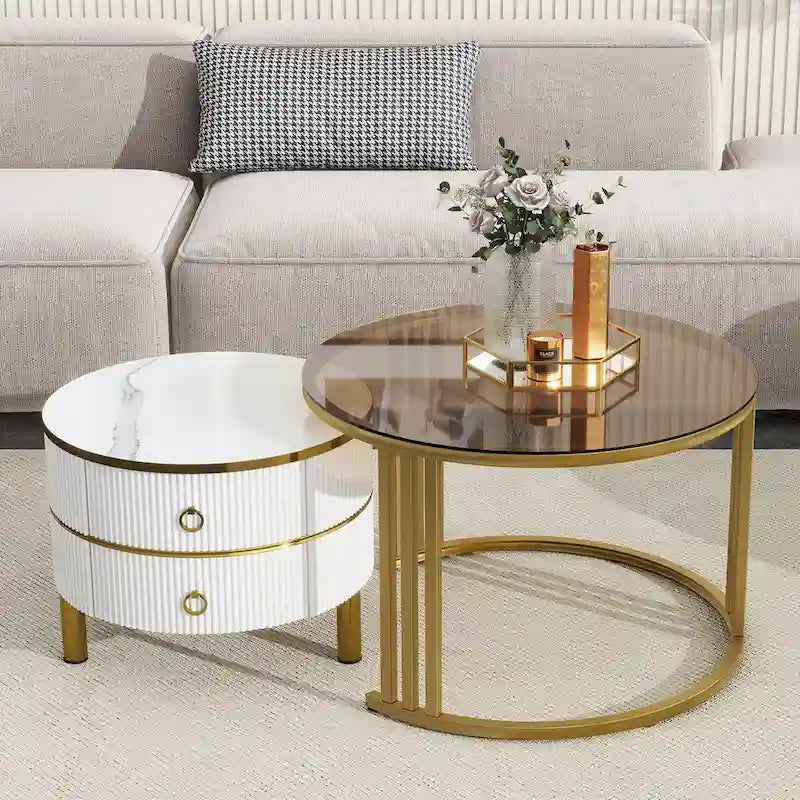 Stackable Round Coffee Table with 2 Drawers, Nesting Tables with Brown Tempered Glass and High Gloss Marble Tabletop, Set of 2