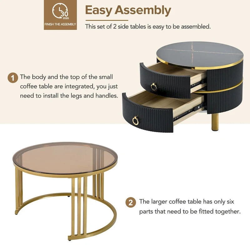 Table basse ronde empilable avec 2 tiroirs, tables gigognes avec plateau en verre trempé marron et plateau en marbre brillant, lot de 2