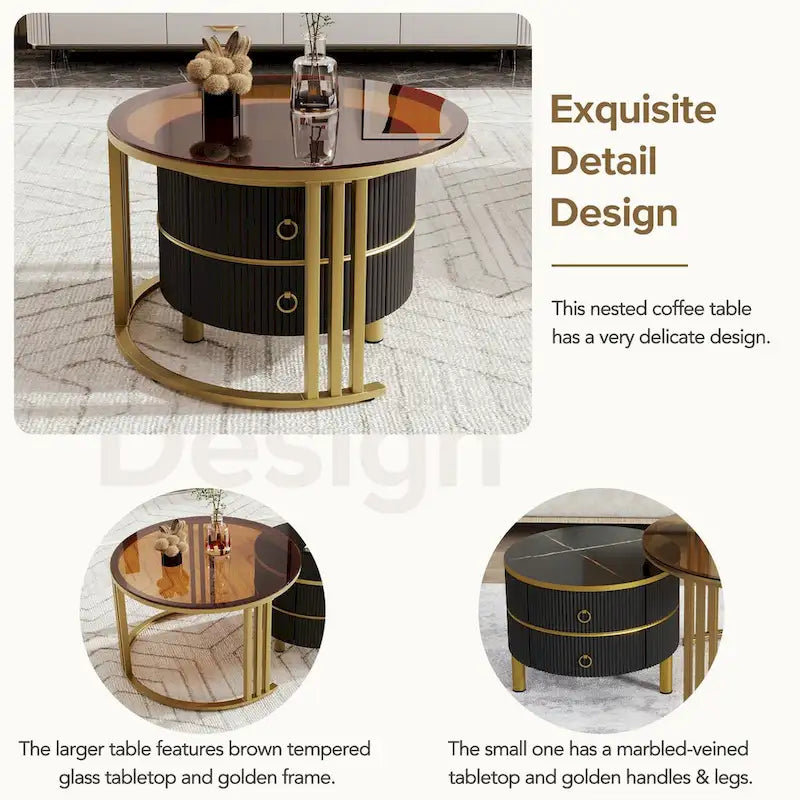 Table basse ronde empilable avec 2 tiroirs, tables gigognes avec plateau en verre trempé marron et plateau en marbre brillant, lot de 2