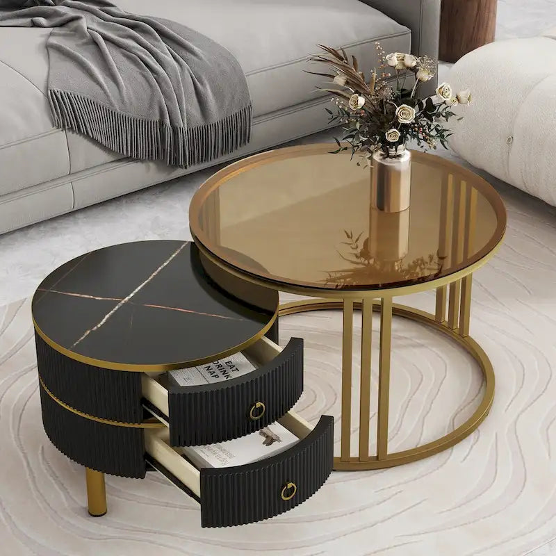 Table basse ronde empilable avec 2 tiroirs, tables gigognes avec plateau en verre trempé marron et plateau en marbre brillant, lot de 2