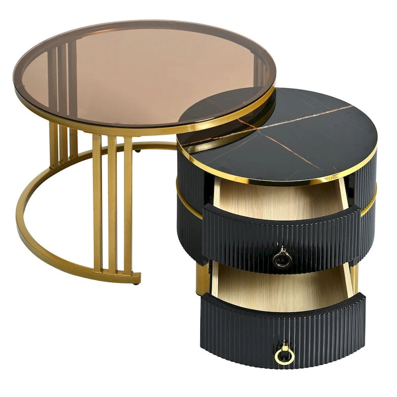 Table basse ronde empilable avec 2 tiroirs, tables gigognes avec plateau en verre trempé marron et plateau en marbre brillant, lot de 2