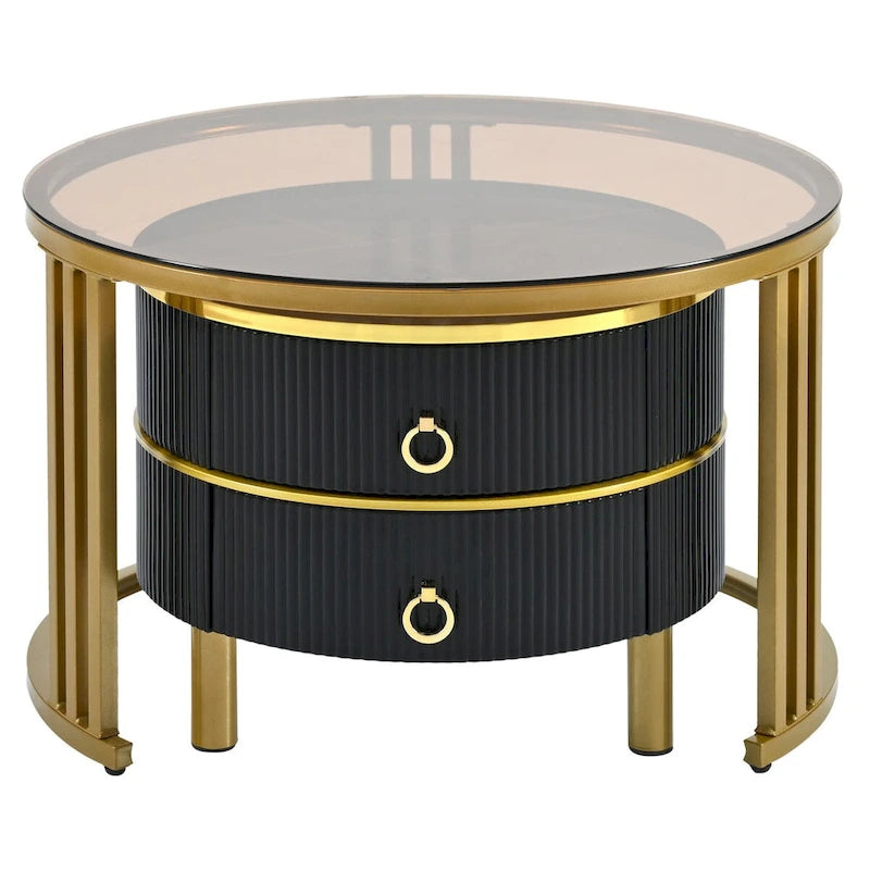 Table basse ronde empilable avec 2 tiroirs, tables gigognes avec plateau en verre trempé marron et plateau en marbre brillant, lot de 2
