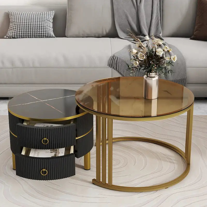 Table basse ronde empilable avec 2 tiroirs, tables gigognes avec plateau en verre trempé marron et plateau en marbre brillant, lot de 2