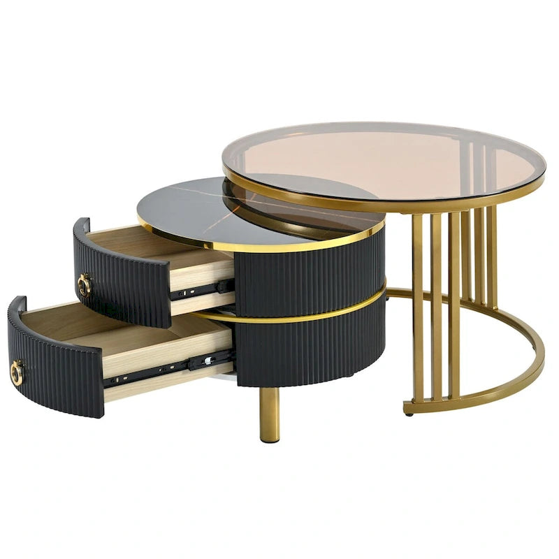 Table basse ronde empilable avec 2 tiroirs, tables gigognes avec plateau en verre trempé marron et plateau en marbre brillant, lot de 2