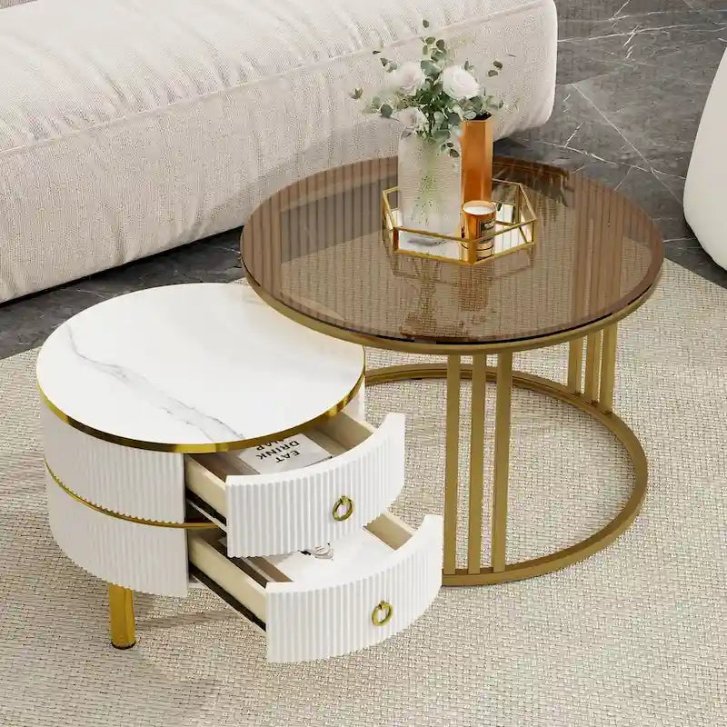 Table basse ronde empilable avec 2 tiroirs, tables gigognes avec plateau en verre trempé marron et plateau en marbre brillant, lot de 2