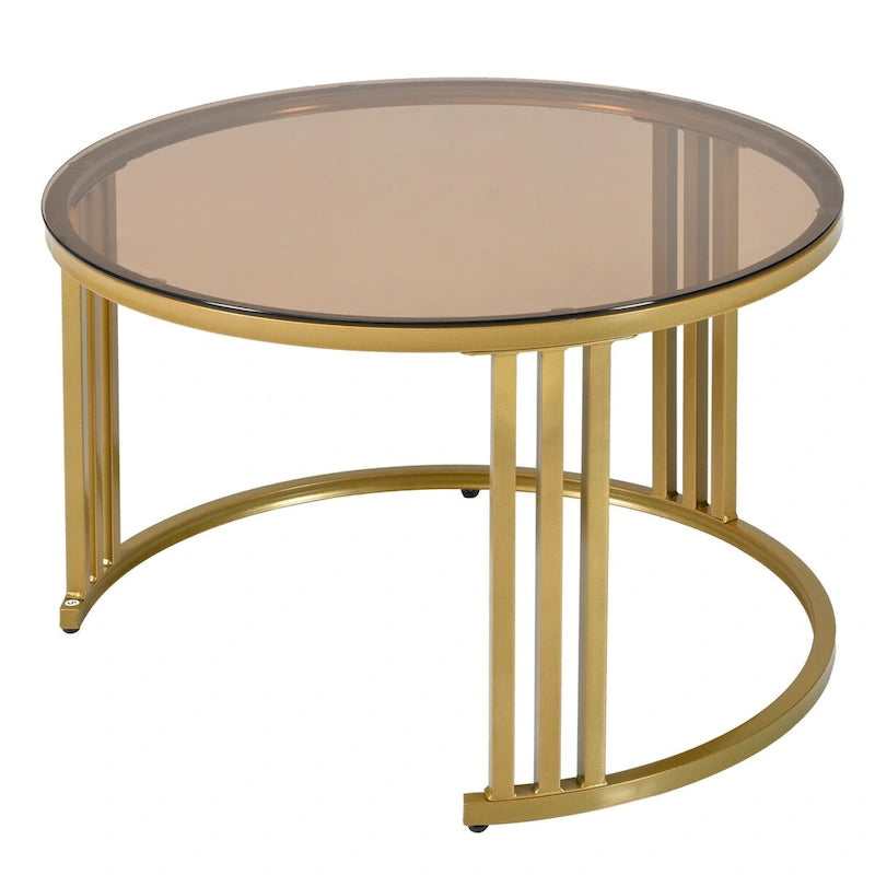 Table basse ronde empilable avec 2 tiroirs, tables gigognes avec plateau en verre trempé marron et plateau en marbre brillant, lot de 2