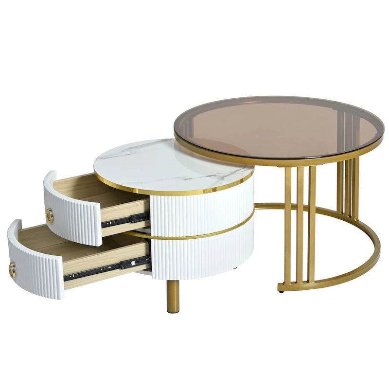 Table basse ronde empilable avec 2 tiroirs, tables gigognes avec plateau en verre trempé marron et plateau en marbre brillant, lot de 2