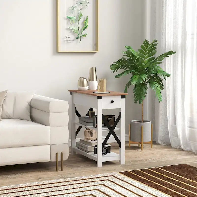 Table d'appoint à 1 tiroir avec 2 ports USB, 1 prise et étagères
