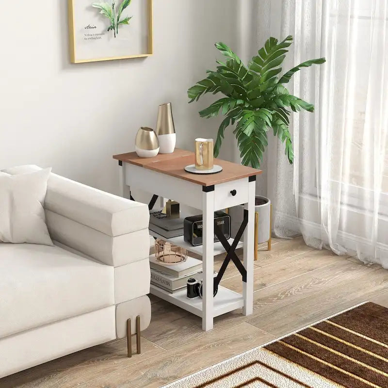 Table d'appoint à 1 tiroir avec 2 ports USB, 1 prise et étagères