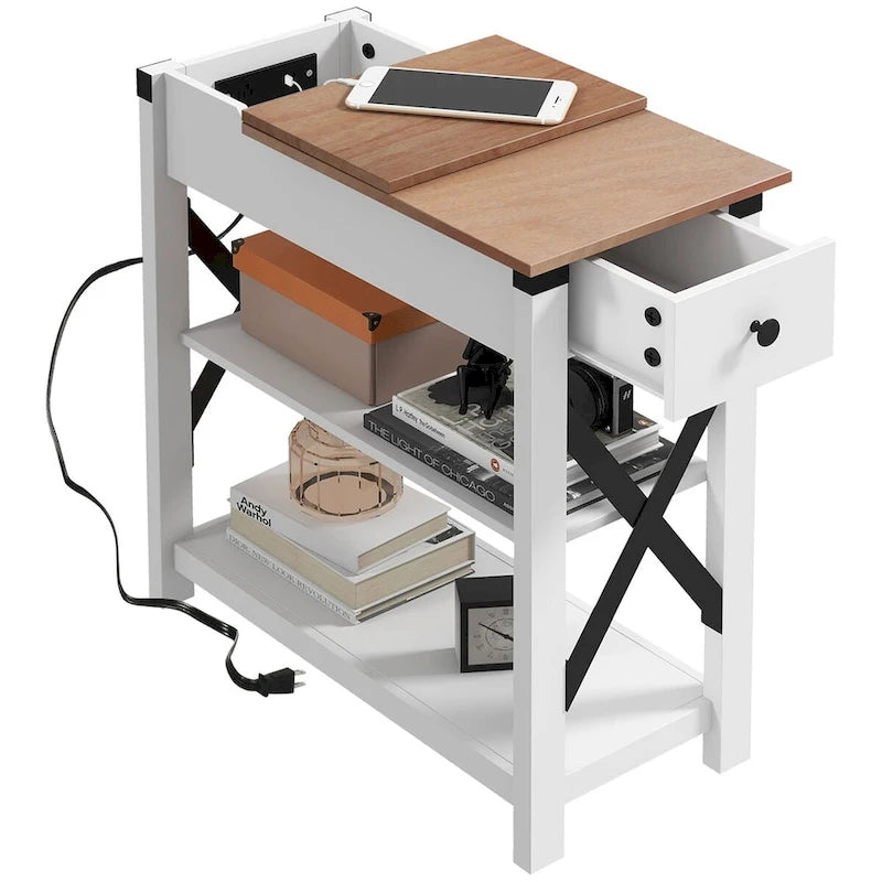 Table d'appoint à 1 tiroir avec 2 ports USB, 1 prise et étagères