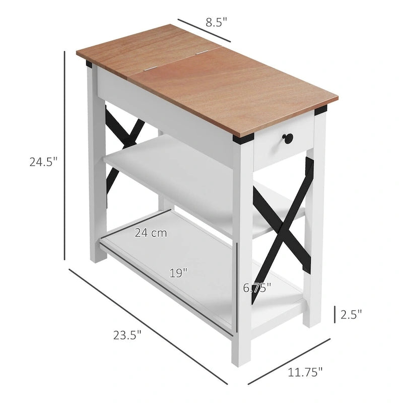 Table d'appoint à 1 tiroir avec 2 ports USB, 1 prise et étagères