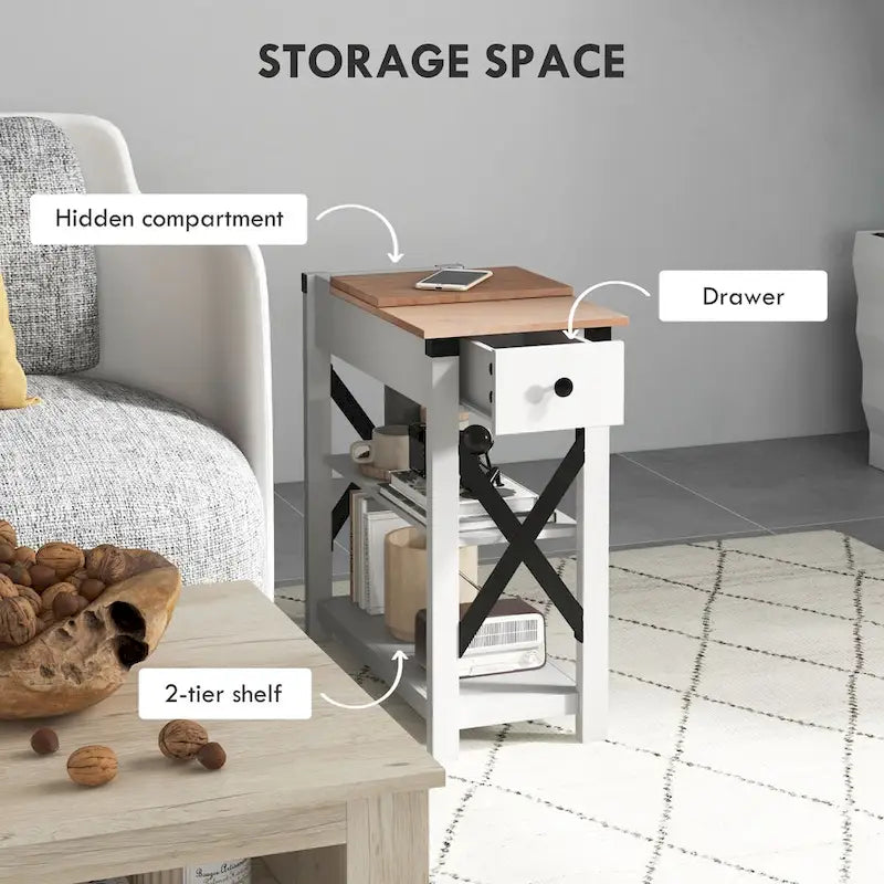 Table d'appoint à 1 tiroir avec 2 ports USB, 1 prise et étagères