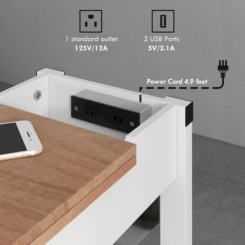 Table d'appoint à 1 tiroir avec 2 ports USB, 1 prise et étagères