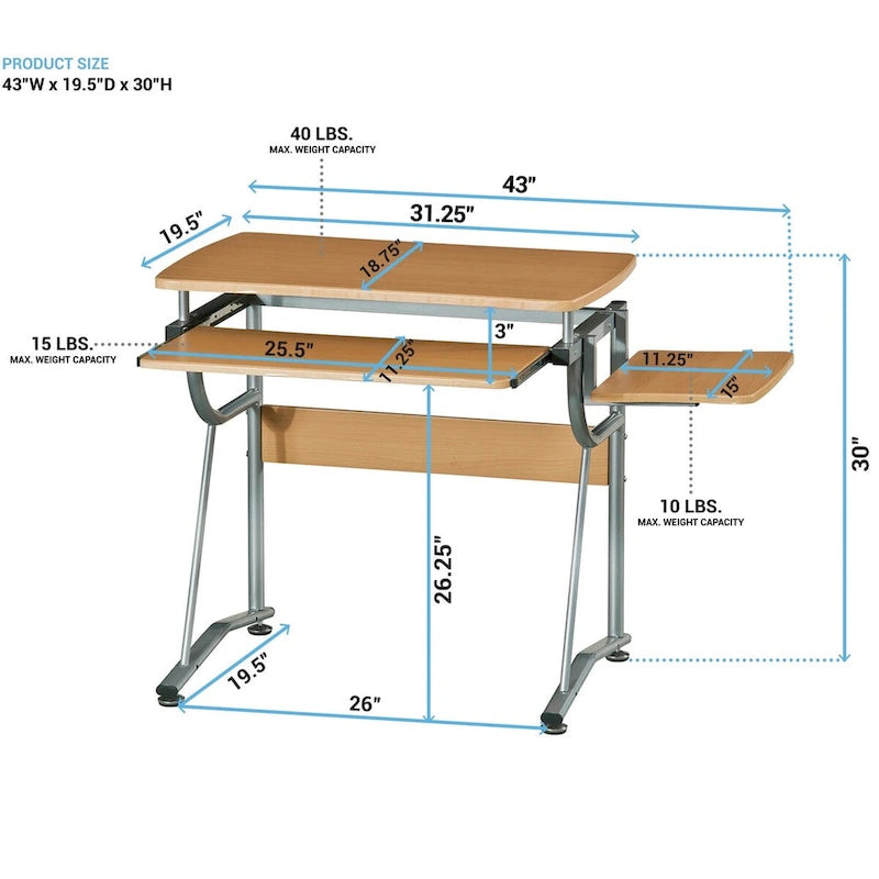 Bureau d'ordinateur ergonomique et compact avec étagère et tiroir clavier