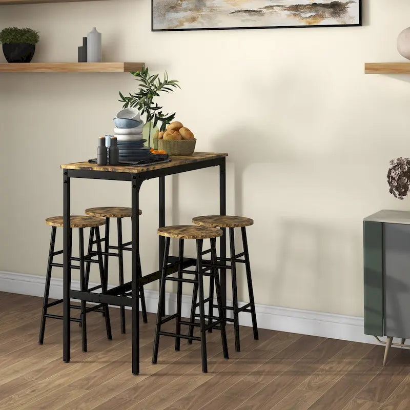 HOMCOM Bar Table Set for 4, Industrial High Top Table with Bar Stools, 5-Piece Small Kitchen Table and Chairs for Pub