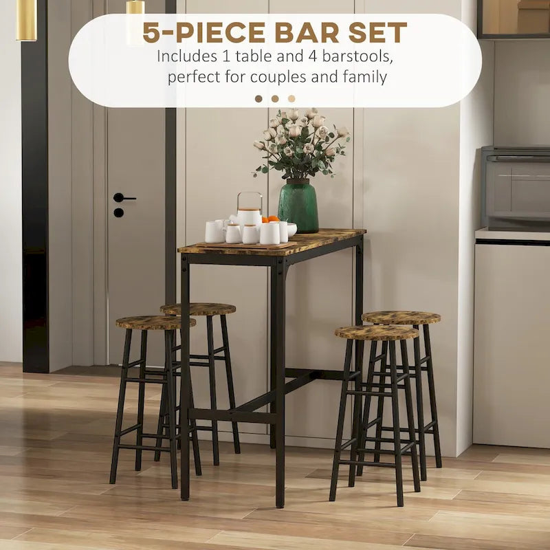 Ensemble table de bar pour 4 personnes, table haute industrielle avec tabourets de bar, ensemble de 5 pièces petite table de cuisine et chaises pour pub