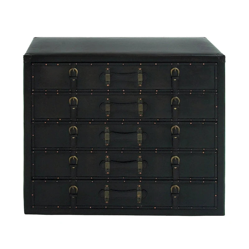 Coffre de chambre vintage en bois et similicuir avec boucles et sangles – Noir