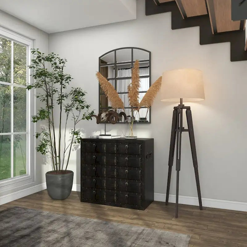 Coffre de chambre vintage en bois et similicuir avec boucles et sangles – Noir