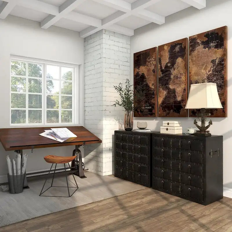 Coffre de chambre vintage en bois et similicuir avec boucles et sangles – Noir