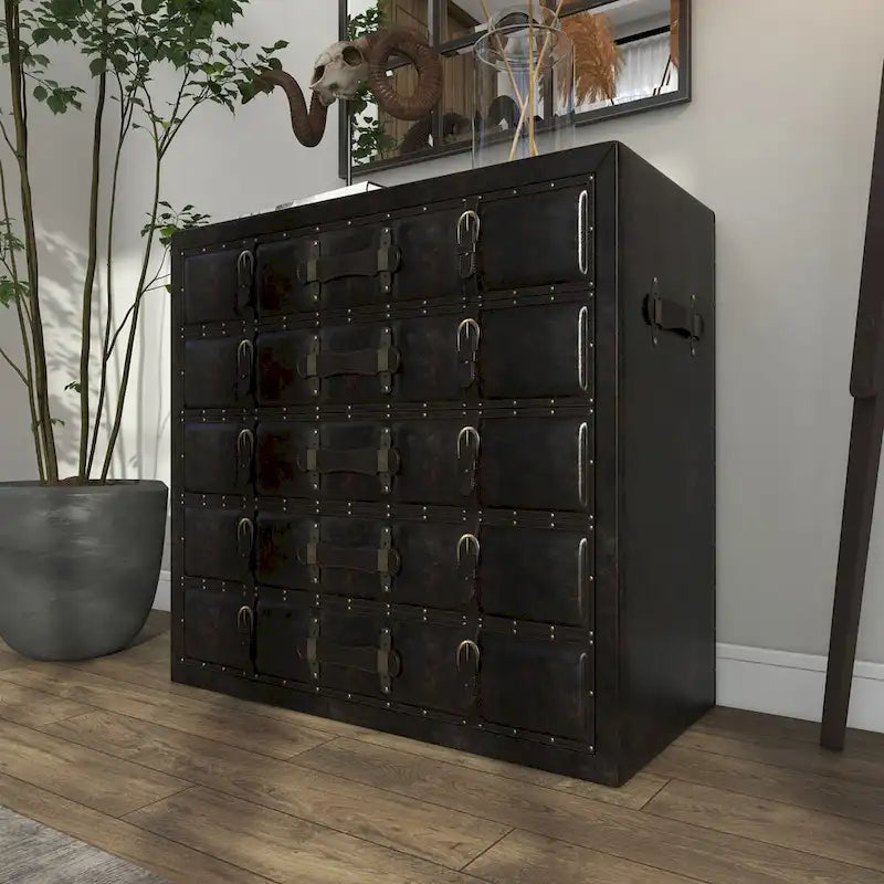 Coffre de chambre vintage en bois et similicuir avec boucles et sangles – Noir