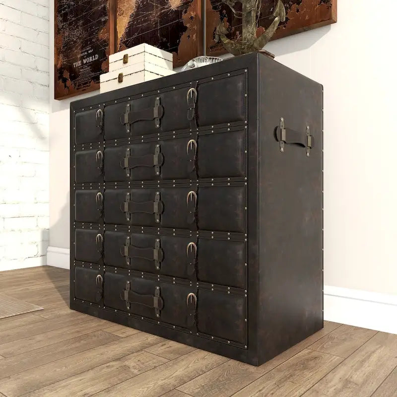 Coffre de chambre vintage en bois et similicuir avec boucles et sangles – Noir