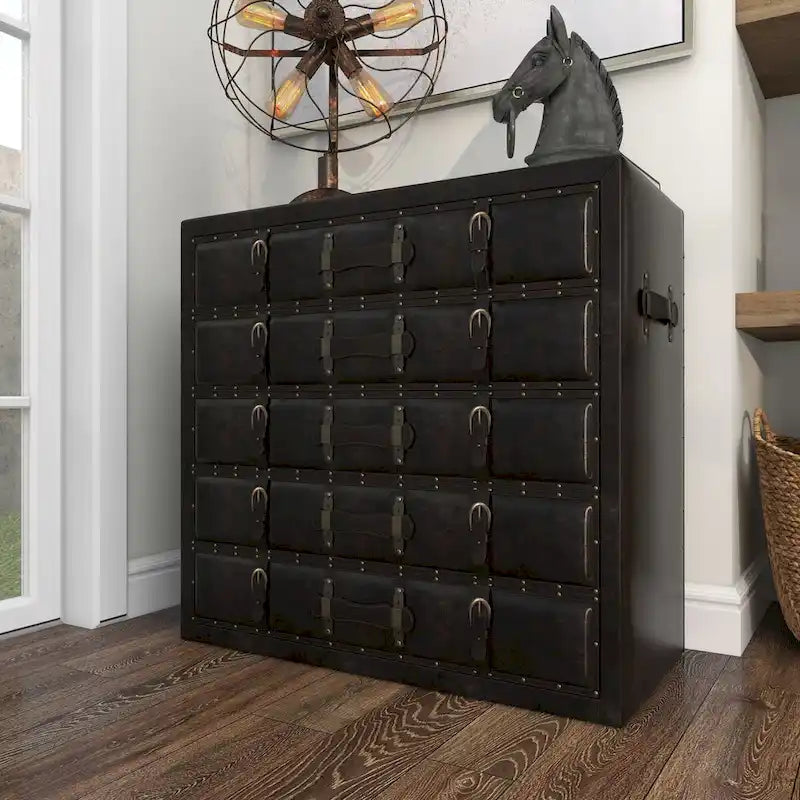 Coffre de chambre vintage en bois et similicuir avec boucles et sangles – Noir