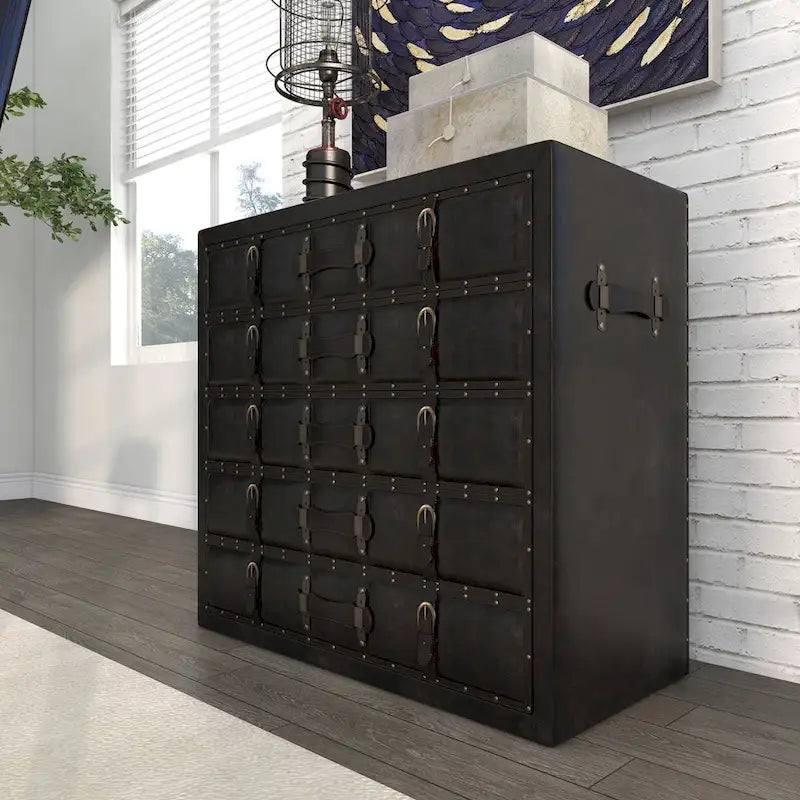 Coffre de chambre vintage en bois et similicuir avec boucles et sangles – Noir