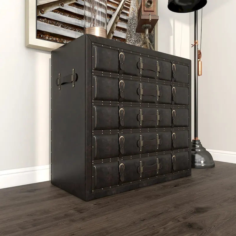 Coffre de chambre vintage en bois et similicuir avec boucles et sangles – Noir