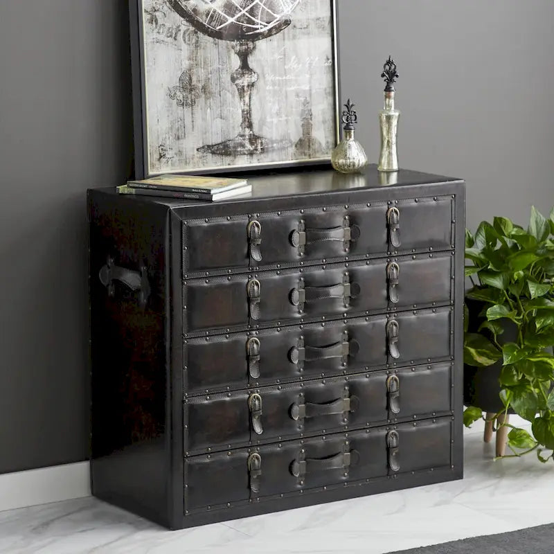 Coffre de chambre vintage en bois et similicuir avec boucles et sangles – Noir