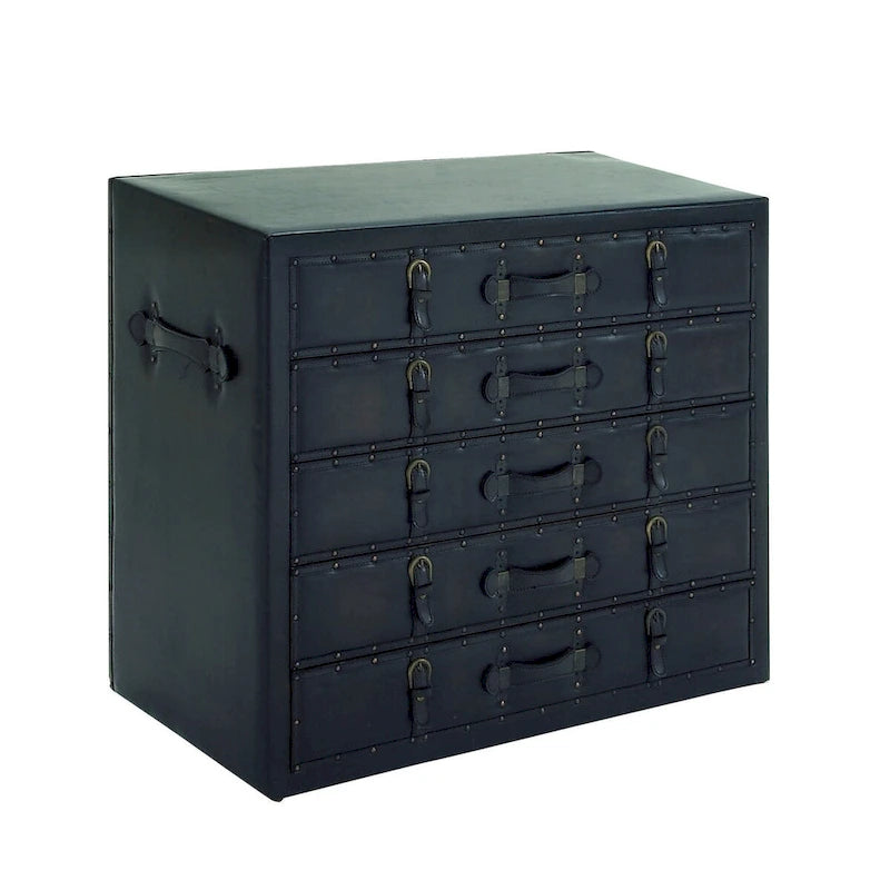 Coffre de chambre vintage en bois et similicuir avec boucles et sangles – Noir
