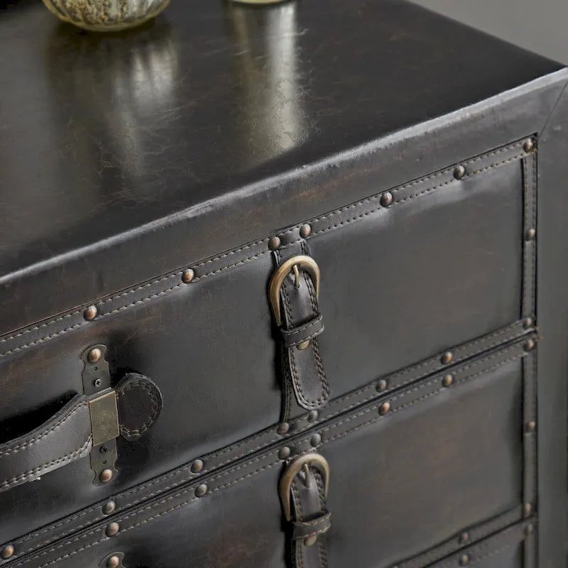 Coffre de chambre vintage en bois et similicuir avec boucles et sangles – Noir